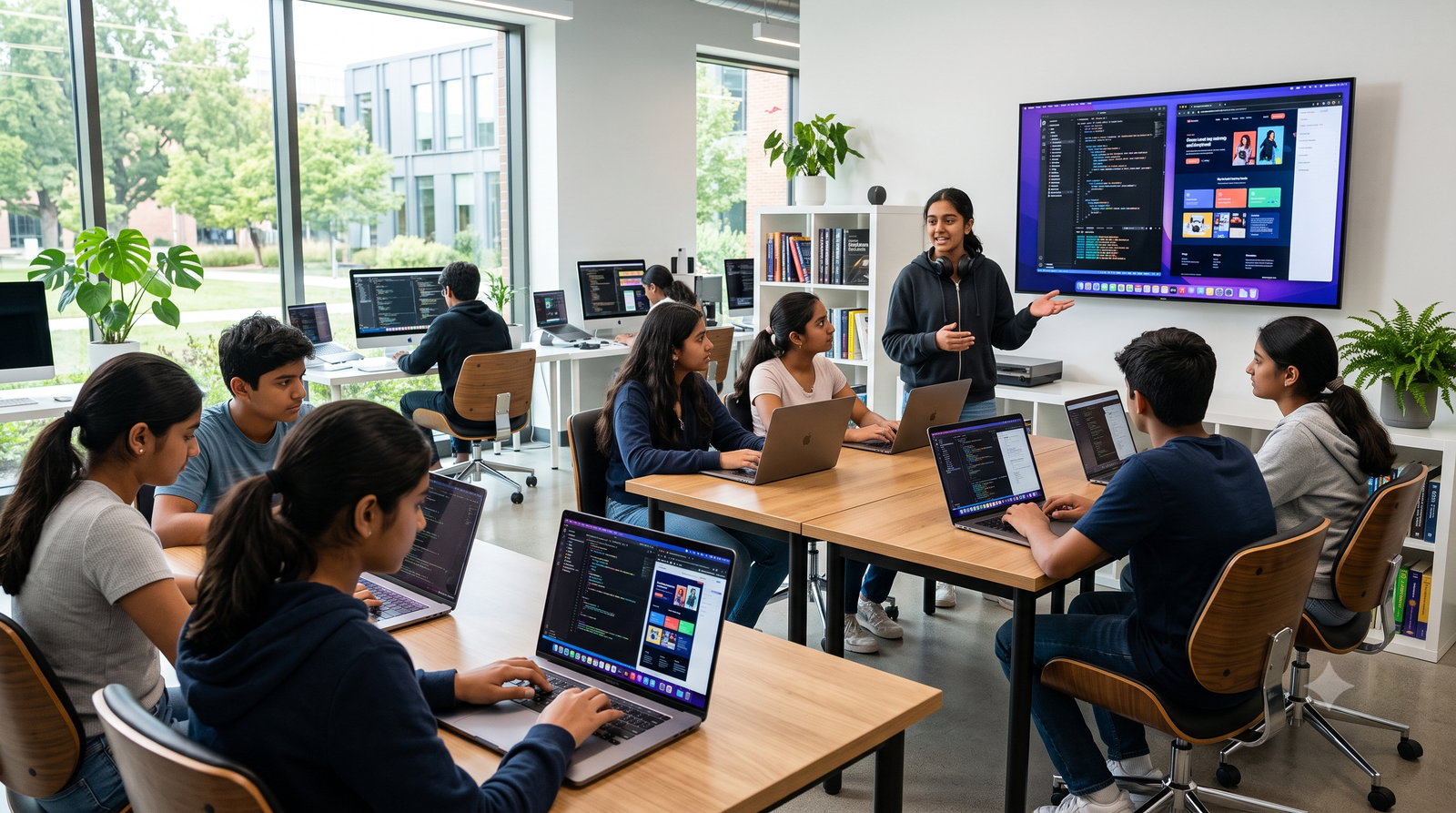 Teens learning HTML CSS and JavaScript in Young Web Developer class